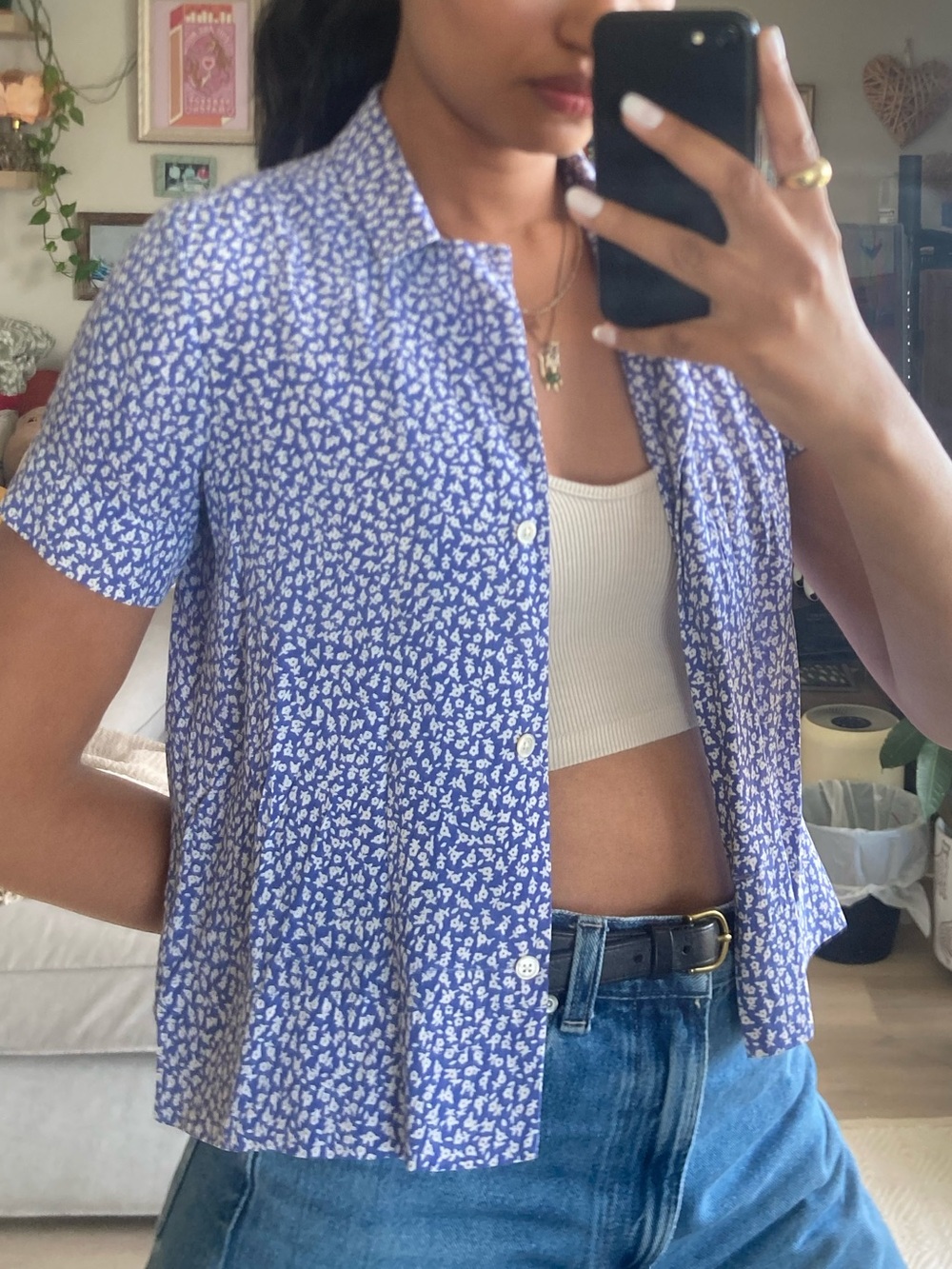 Everlane Blue Patterned Short Sleeve Shirt
